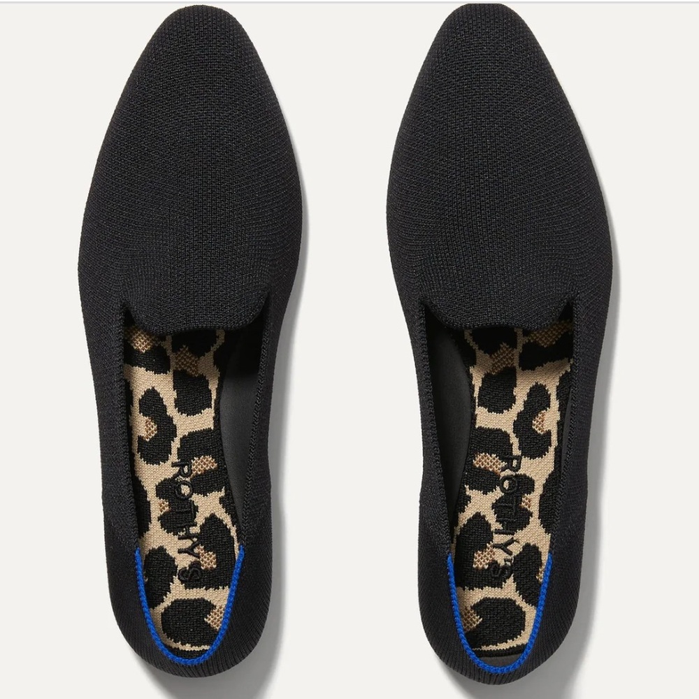 Rothy's Black Knit Slip-On Flats with Leopard Insole and Blue Heel Trim